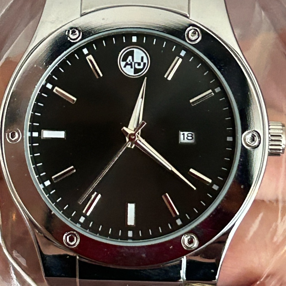 AJ Men’s Silver Bracelet Watch with Black Dial